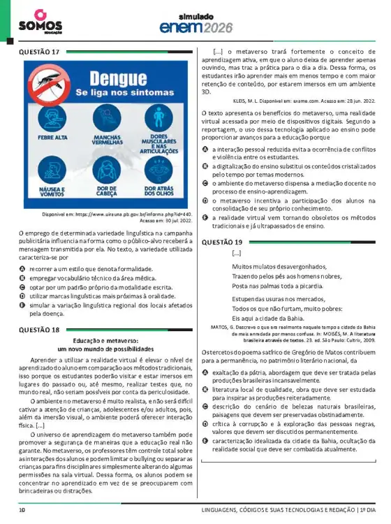 Página de simulado ENEM com questões de Linguagens