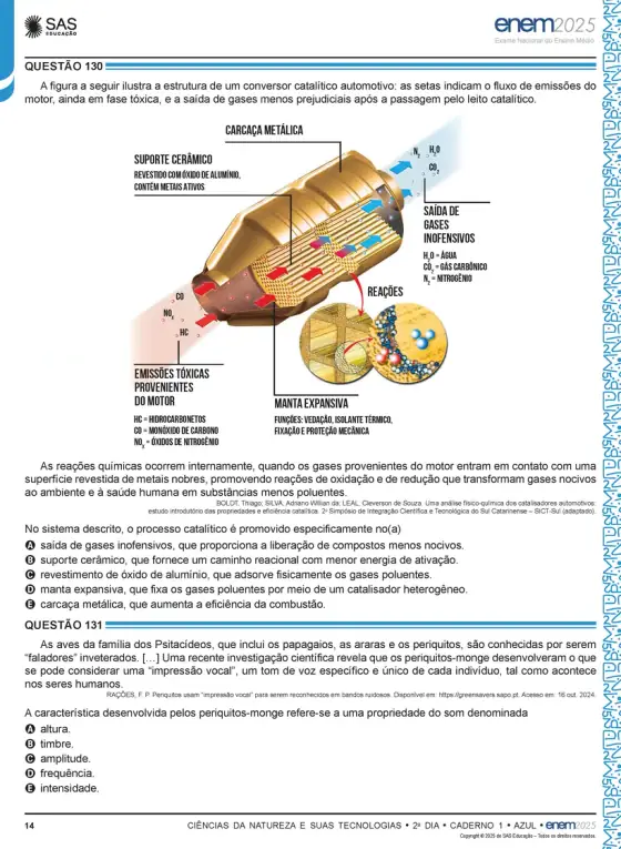 Página de simulado ENEM com questão de Ciências da Natureza